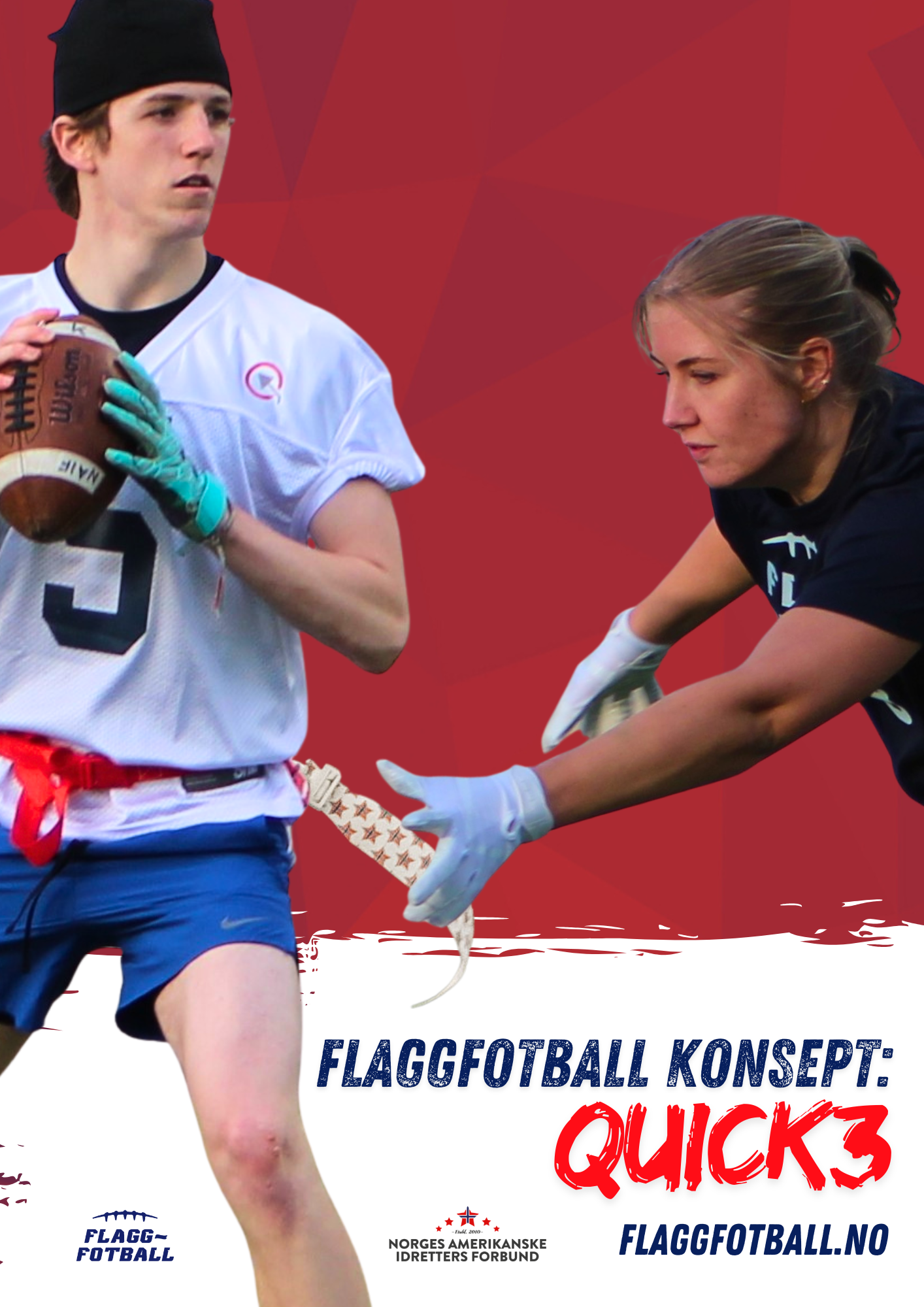 Two flag football players in action with a red background and text overlay.